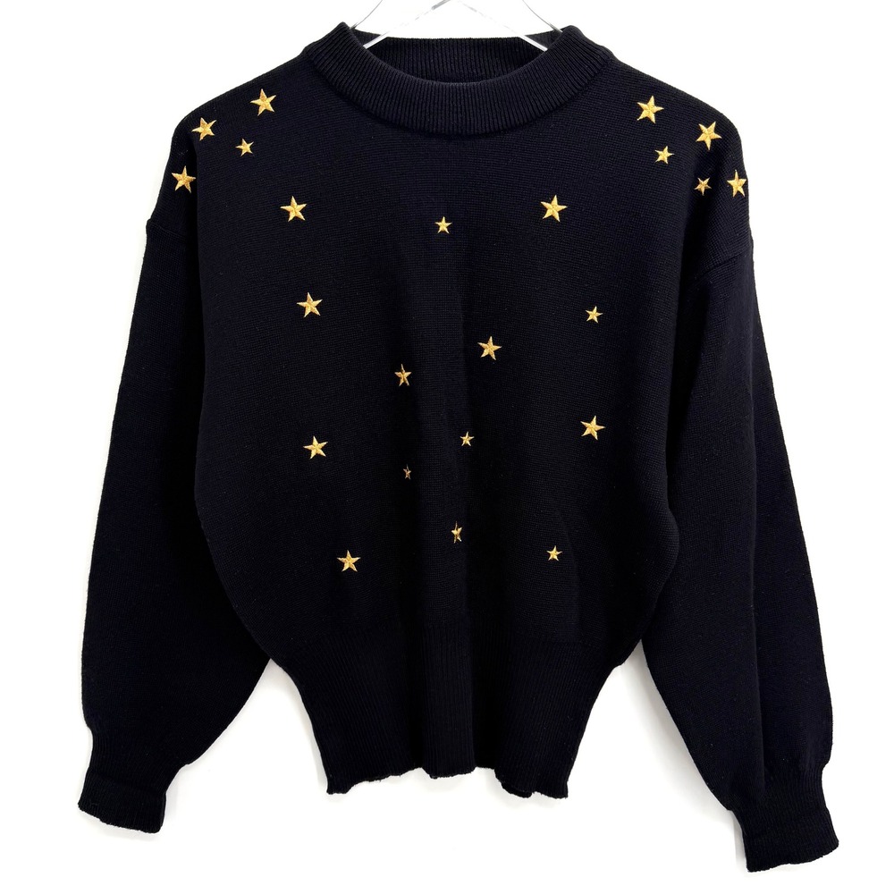 Vintage Meister Wool Blend Gold Star Sweater Size M Embroidered Mock Neck Black